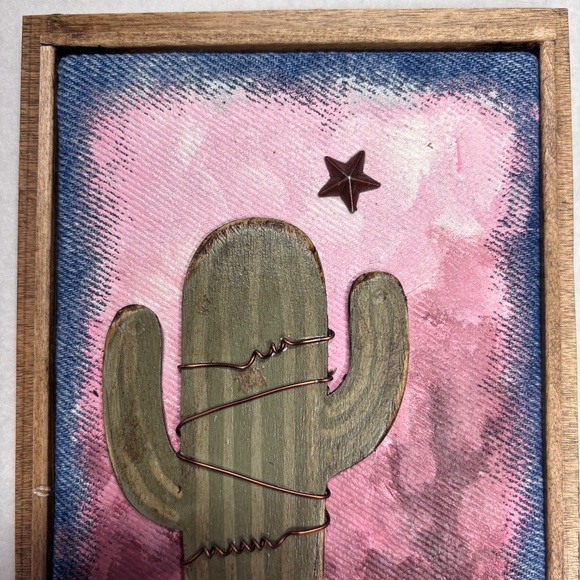 Mixed Media Wall Art Saguaro Cactus Pink Sunset Star Desert Wood Southwest 6 x 8 - Picture 4 of 5